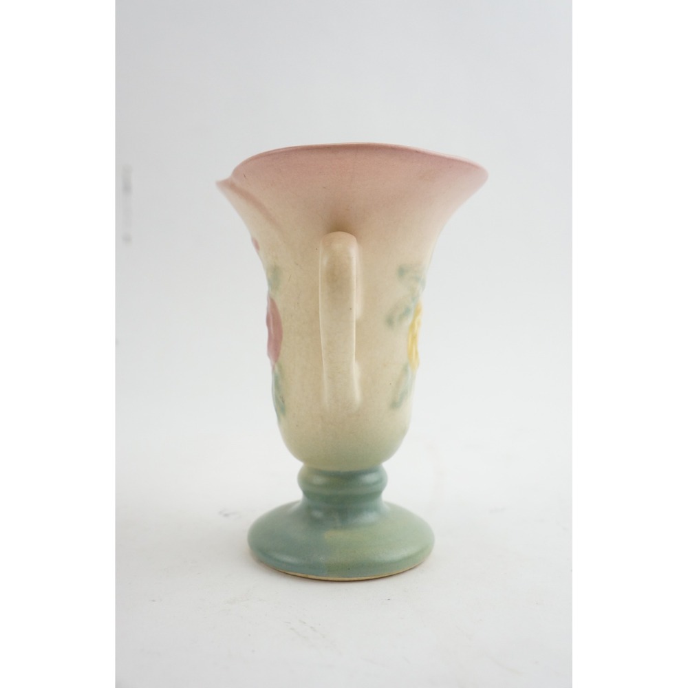 Hull Pottery‎ Vase Double Handle Pink Yellow Camellia Open Rose - Picture 4 of 6